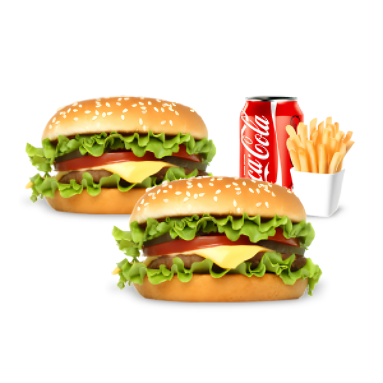 2burgers avec une canette de boisson de 33cl et des frites