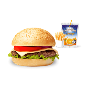 un menu enfant contient un burger accompagné avec des frites et un jus d'orange