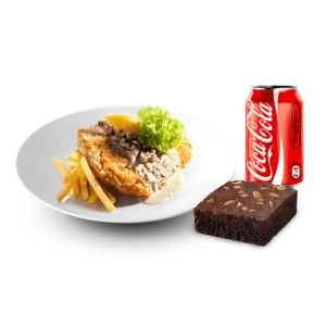 un menu escalope accompagné avec un canette de boisson et un dessert