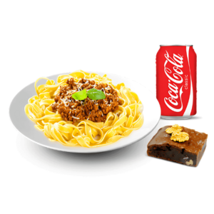 Un menu composé d'un plat de pâtes avec une canette de boisson de 33cl et un dessert