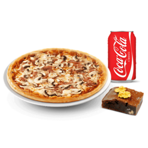 Dans ce menu il y a une pizza un boisson gazeuse et un dessert