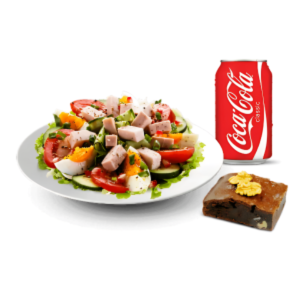 un menu complet contient une salade accompagnée avec une canette de boisson de 33cl et un dessert