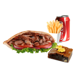 un menu contient un sandwich de kebab accompagné avec des frites, une canette de boisson et un dessert